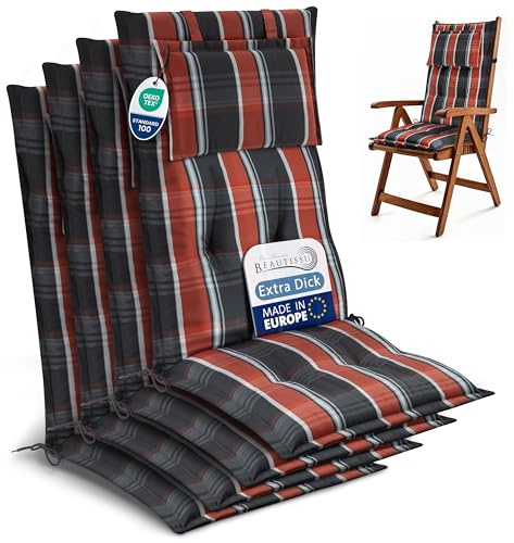 Beautissu 4er Set Gartenstuhlauflagen Hochlehner Sitzpolster robuster Stoff | 120x50cm Grau Orange Weiß Kariert 7cm Polster Sitzauflagen Gartenmöbel UV-Lichtecht Gartenstuhl Auflagen Garten HighLux HL