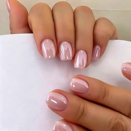 SXVME Chrome Press On Nails Short Square, 30 Pcs Glazed Peach Pink False Nails Short with Mirror Finish, Sparkly Bling Fake Nails Press on, Soft Gel Stick on Nail for Women Cute Manicure