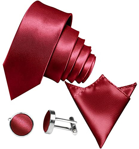 GASSANI 3-SET Krawattenset, 6Cm Schmale Wein-Rote Herren-Krawatte Dünn Manschettenknöpfe Ein-Stecktuch, Bräutigam Hochzeitskrawatte Glänzend, 6cmx150cm, WEINROT | BORDEAUXROT | ROT