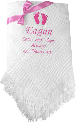 Personalised Gift Message White Baby Shawl Blanket (Pink Embroidery)