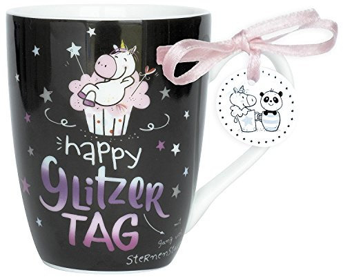 Hope und Gloria 45349 Tee-Tasse Einhorn Motiv Happy Glitzer Tag, Porzellan-Tasse, 40 cl, mit Geschenk-Anhänger, Schwarz