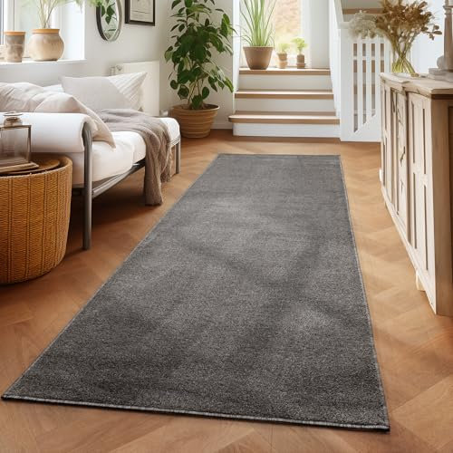 Carpettex Wohnzimmer Teppich Modern Design 80 x 250 cm - Kurzflor Küchenläufer Flur Grau - Waschbar Extra Weich Flauschig - Bettvorleger Schlafzimmer
