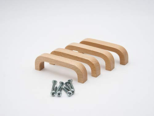 JOWE 4 Stück Möbelgriffe aus Buche inkl.Befestigungsschrauben | Shubladengriff/Oberfläche lackiert, Länge 10,8 cm, Bohrabstand 9,6 cm