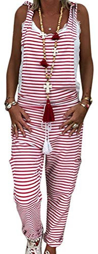 ORANDESIGNE Rot Weiß Gestreifte Taschen Tunnelzug Oversize Lange Overall Jumpsuit Trägern Latzhose Damen Mode B Rot L