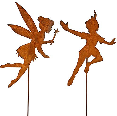 Bornhöft Gartenstecker Peter Pan und Tinkerbell Metall Rost Gartendeko Edelrost rostiger Beetstecker 110cm