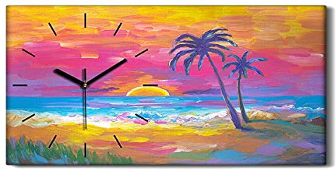Coloray Uhr auf Leinwand - Schwarze Hände - Segeltuch Dekoration Wand Uhr Ohne Tickendes Geräusc Wohnzimmer Kunst - Paint Beach Palms Sonnenuntergang