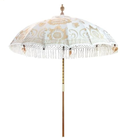 Oriental Galerie Sonnenschirm Bali Schirm 180 cm Weiß, Gold Bemalung Fransen, Gartenschirm Baumwolle Sonnenschutz Handarbeit Dekoschirm Model Mira
