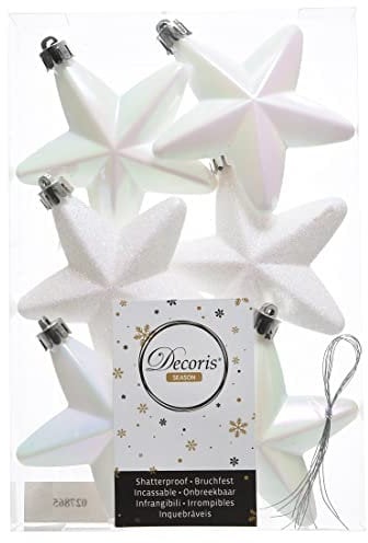 6er Set Anhänger PVC Stern Weihnachtskugeln Baumschmuck bruchfester Christbaumschmuck (Weiss irisierend)