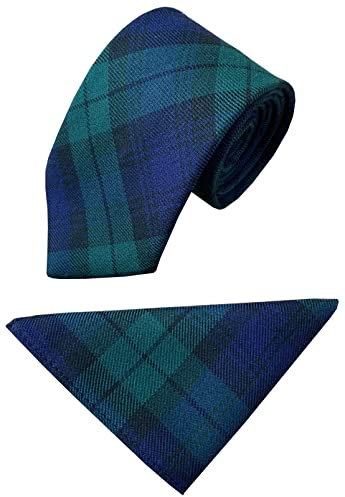 Cravate et mouchoir pour homme Motif tartan Noir, Bleu marine, noir, vert bouteille, adulte
