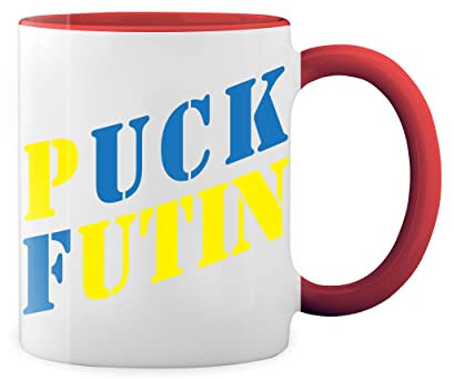 Puck Futin Meme Stand With Ukraine Ukrainian Lover Support Weiße Tasse Mug mit roten Felgen und Griff