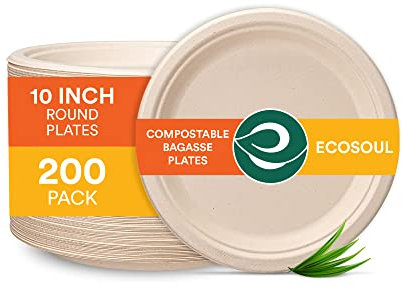 ECO SOUL 100% Kompostierbare 25 cm Pappteller – 200 Stück | Biologisch abbaubare Bagasse Teller | Umweltfreundlich, Stabil & Schwer belastbar | Mikrowellen- & Ofenfest