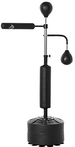 HOMCOM Saco de Boxeo de Pie 4 en 1 Ajustable en Altura con 2 Bolas de Velocidad Barra y Base Rellenable Agua o Arena Punching Ball para Adultos 88x50x160-230 cm Negro