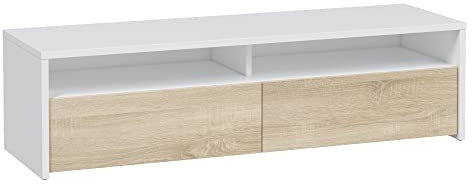 HOMN LIVING Mobile TV Silva con 2 ante, bianco Artik e rovere canadese, 130 cm (larghezza) x 35,5 cm (altezza) x 40,2 cm (profondità)