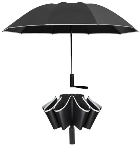 FATONESA Reverse Regenschirme für Regen Winddicht-Inverted Kompakt Falten Automatische Reflektierende Sicherheitsstreifen, UPF 50+ 99% UV-Schutz Tragbarer 47 Zoll 10 Rids Regenschirm, schwarz