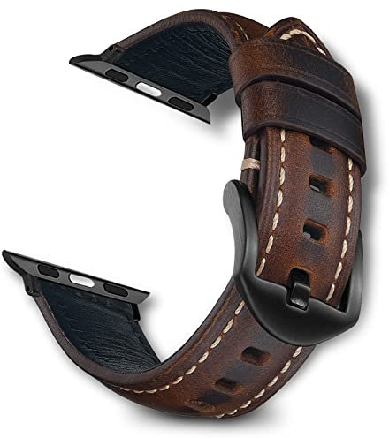 RoYiio Cinturino Compatibile con Apple Watch 42mm 44mm 45mm 46mm Ultra 2 49mm Cinturino Pelle Cerata Olio per Series 10 46mm Series 9 8 7 45mm Series 6 5 4 SE 44mm Series 3 2 1 42mm - Marrone Scuro