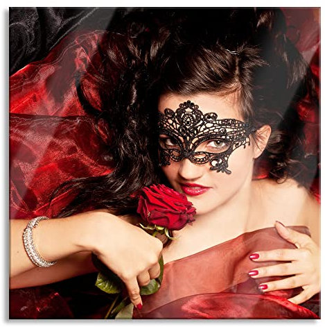 Pixxprint Glasbild, Wandbild auf Echtglas, Sexy Frau mit Rose, 50x50 cm, inkl. Aufhängung und Abstandshalter