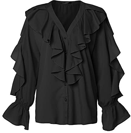 Azruma Oberteile Damen FrüHling Bluse Weiß Damen Sport Shirt Elegant Chiffon V-Ausschnitt RüSchen Langarm Einfarbig Shirt Mit Knopfleiste Sommer Volant Oberteil Funny Tshirt (Schwarz, XXL)