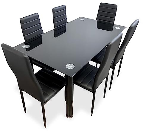 Somnia Descanso - Pack Mesa de Cristal de Comedor o Cocina + 6 Sillas Color Negro a Juego, Modelo Tucan, Prácticas y Funcionales