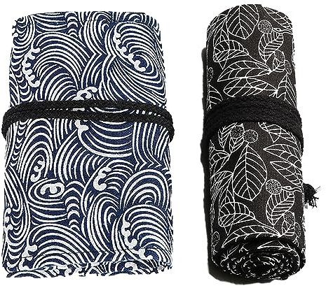2 Stück Stationery Pouch 36 Löcher Pinseltasche Künstler Slots Bleistift Wrap Stationery Pouch Stifteaufbewahrung Waschbar für Aquarellstifte Bleistifte Buntstifte Studenten (Wellen/Schwarze Blätter)