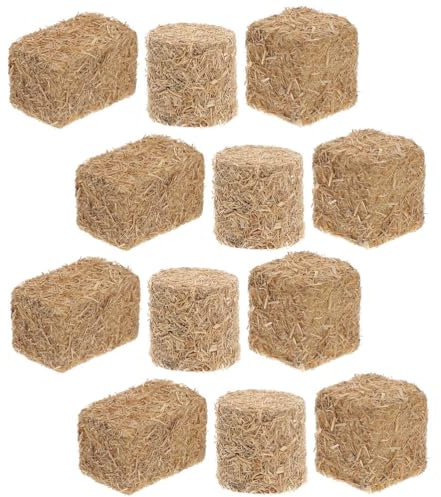 jojofuny 12 mini decoración de paja, decoración de heno en miniatura, pequeñas pacas de heno, mini fardos de heno falsos para mesa, decoración de heno en miniatura, mini pacas de paja, decoración de