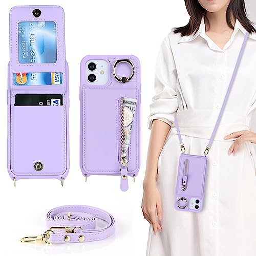 CAVOR Handykette Handyhülle Kompatibel mit iPhone 12 Mini Hülle Mit Band,Flip Leder Geldborse Hülle,[4 Kartenfach][Mit Ring][Reißverschluss],Handytasche zum Umhängeband - Lila