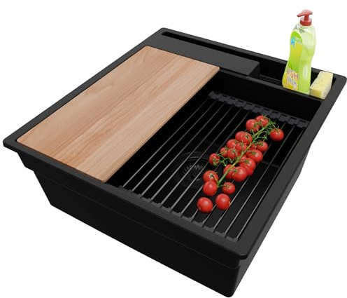 PRIMAGRAN Spülbecken ab 50er Unterschrank + Ablauf-Set, 48x53cm | Set: Ablauf-Set (Siphon, Ablaufgarnitur, Überlauf) + Granitspüle 1 Becken - Oslo Pocket, Alles Schwarz