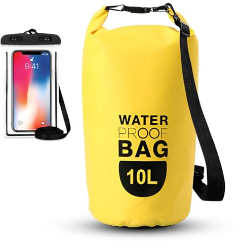AUSYIWI Waterproof-Pack avec étui étanche pour téléphone Portable, Sac étanche avec bandoulière réglable pour Le Kayak, Le Rafting, Le Bateau, Le Camping et la Natation. (Jaune, 10L)