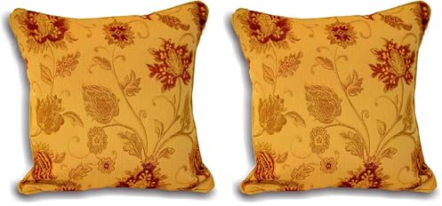 Paoletti Riva Zurich Cushion Cover - Decorative Floral Jacquard Design - Piped Edges - Reversible - 100% Polyester - 45 x 45cm (18 x 18 inches) - Designed in the UK - Gold Yellow (Pack of 2)