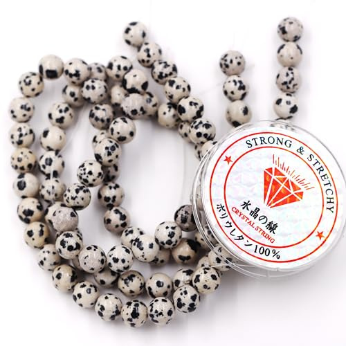 Fukugems Perlen mit Stretch-Kordel für Schmuckherstellung lose Steinperlen für DIY Energiestein Heilkraft Armband 6mm=128 Stücke und 1 Roll Cord Dalmatian 6mm