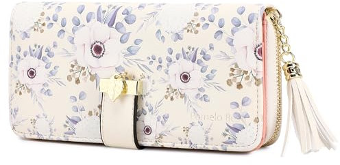 Damen Geldbörse Portmonee aus Kunstleder, RFID groß Portemonnaie geblümte Brieftasche mit 12 Kartenfächer und Münzfach (Creme Hortensie)