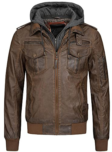 Indicode Herren Aaron Lederjacke mit abnehmbarer Kapuze Übergangsjacke | Lässige Herrenjacke für Alltag und Freizeit mit abnehmbarer Kapuze, Bikerjacke, Motorradjacke, Lederoptik, Blouson für Männer