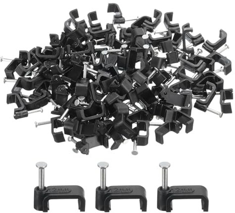 sourcing map 100Pcs Cable Clips with Steel Nails 12mm Square Wire Clip with Steel Nail for Cable Holder Cable Management Desk Organizers Wall, Black