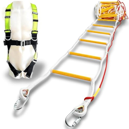 Balcony Escape Ladder 4 Storey, 10m (32ft) Emergency Rope Ladder | Hanging ladder with full body belt and safety cord, foldable, anti-slip and suitable for window fire escape.