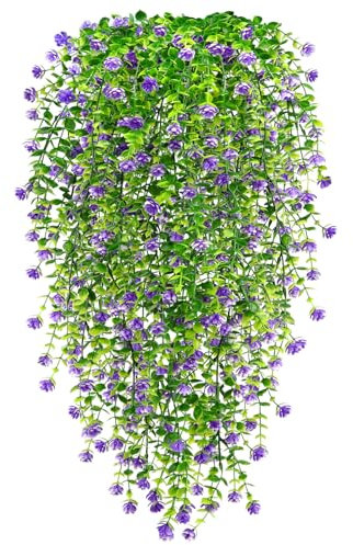 Yueshop 4PCS Artificial Hanging Flowers, UV-Resistant Artificial Hanging Plants Flowers Bouquet Outdoor Indoor Fake Hanging Plant Artificial Flowers for Home Garden Wedding Decor (Purple)