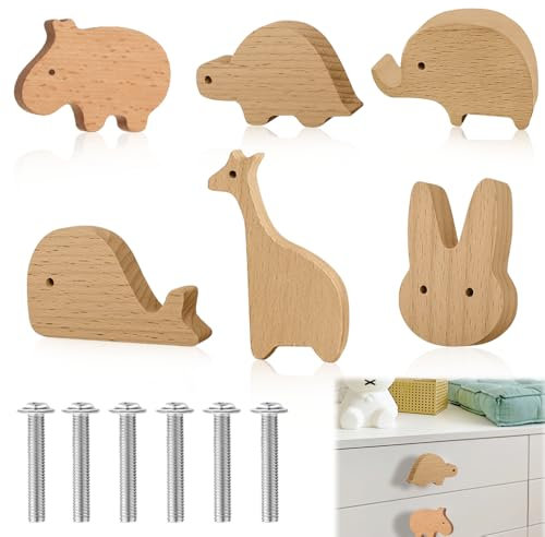 Udbrud Lot de 6 boutons d'armoire en bois en forme d'animal, Bouton de Meuble Enfant, Boutons de Tiroir en Bois Massif, Poignée de Tiroir Avec Vis, Poignée d'armoire de couleur bûche