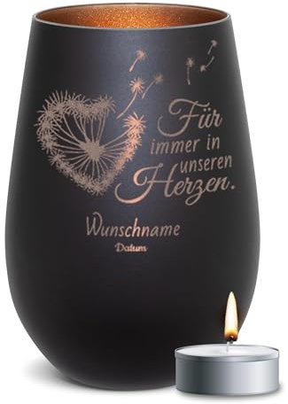 PR Print Royal Trauer Windlicht mit Gravur - Für Immer in unseren Herzen - mit Name & Datum gravieren - Trauergeschenk, Gedenklicht, Geschenke für Trauernde | inkl. Teelicht, 450 ml, Schwarz/Bronze