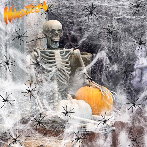 VASIN Halloween Spinnennetz Dekorationen, 300g Elastischer Spinnennetz 80 Realistisch Spinnen Halloween Deko, 1600 m² Spinnennetz deko Set Großes spinnenweben für Halloween Party Draußen und Drinnen
