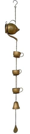 Rain Chain Rain Water Catcher outdoor, Decoration Rain Chains Teapot with Teacups, Villa Eaves Drainage Wind Chime for Gutters, Retro Watering Can Rainwater Diverter for Downspout