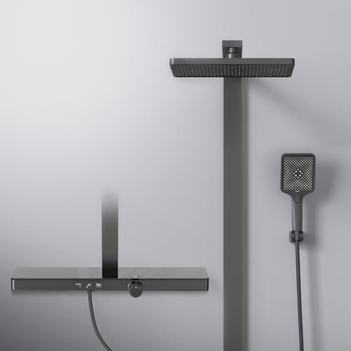 EMKE Sistema de Ducha con Termostato, Bloqueo de Seguridad, Ducha de Lluvia con Grifo, 3 Modos de Chorro, Ducha de Mano, Sistema de Ducha, Negro Mate