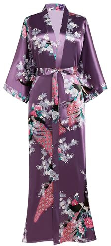 BABEYOND Robe de chambre kimono en satin de soie pour femme - Motif paon - Longue robe de chambre - Pour fille - 135 cm de long, lilas, taille unique