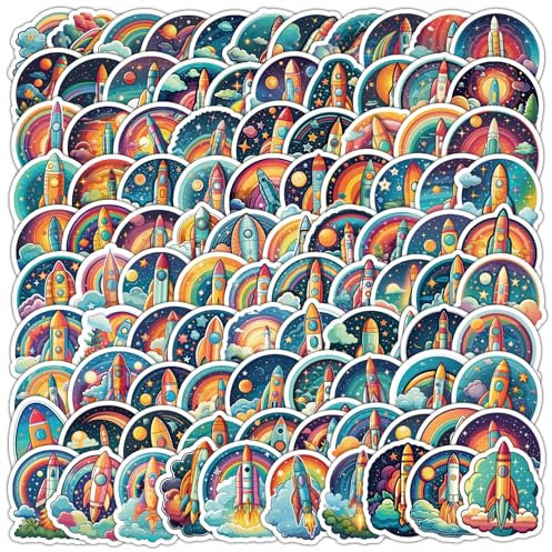 Rakete Aufkleber 100 Stück Vinyl Cool Funny Space Sticker für Laptop Scrapbook Gepäck Auto Koffer Skateboard Motorrad Gitarre,Wasserfeste Cartoon Trendy Space Rakete Aufkleber für Jugendliche Kinder