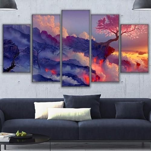 FatAco 5 Stück Dunkelheit ins Licht blüht Kirschbaum in Lavavulkan Bilder Gemälde Modern Home Decor Leinwand Poster Wohnzimmer Modular (Rahmenlos)