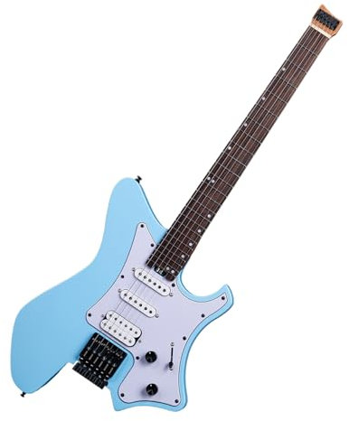 EART GW2P-SE Kopflose E-Gitarre mit geröstetem Mahagoni Körper und Kanada Ahorn Hals, abgerundete Enden Medium Jumbo Edelstahl Bünde(Blau)