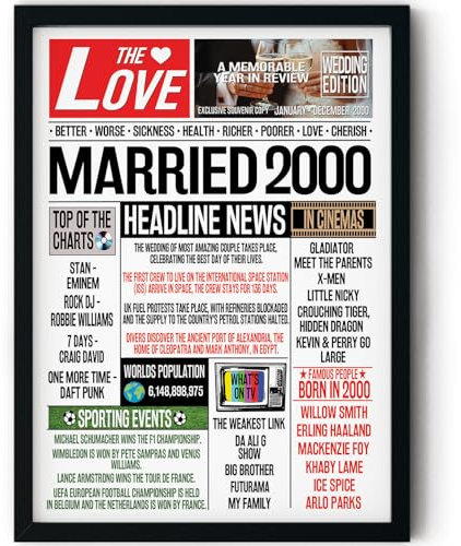 Stuff4 Póster enmarcado del 25 aniversario – Casado en el periódico 2000 – Feliz 25 aniversario de boda para hombres y mujeres, regalos vintage retro en el año 2000, carteles de 20 x 10 pulgadas