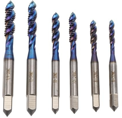 CHEOTIME 6 Pezzi Set di Punte da Trapano per Maschi Filettati Standard USA per Flauto a Spirale Foro per Vite Rubinetto per Macchina Nano con Rivestimento Blu per Gambo Quadrato