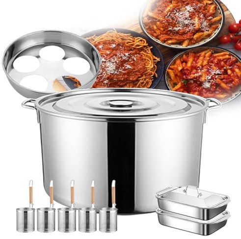 QUSYZD Kommerzielles Spaghetti-Nudelkocher-Set mit Einsatz-Siebkorb, Multipots-Nudeltöpfe mit 5-Loch-Teiler, Manuelle Nudelmaschinen mit Edelstahldeckel - Leicht zu reinigen, platzsparend,