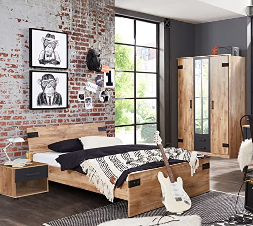 Modernes Jugendzimmer Liverpool in Plankeneiche und Graphit – Stilvolles Kinderzimmer Set mit wahlweise Matratze und Lattenrost (3 teilig Drehtürenkleiderschrank + 140er Bett)