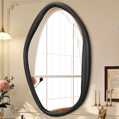 JJUUYOU Large Irregular Wall Mirror Black Asymmetrical Wooden Mirror 65x45 cm Home Decorative Wall Mounted Vanity Mirror for Bathroom Dressing Room Living Room
