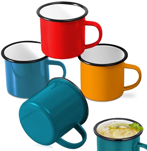 WANDGU Juego de 4 tazas esmaltadas: juego de tazas de camping, tazas de café, tazas de té, tazas de té, tazas de oficina, tazas de café, tazas de espresso, copas de vino para casa, fiesta, oficina o