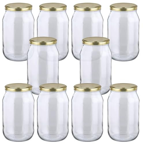 MIKONI 1,7 L Weckgläser Gurkenglas Einweckgläser Deckel Einmachgläser Vorratsgläser Einmachglas Sturzglas Konservenglas Rundgläser GOLD Deckel (10)